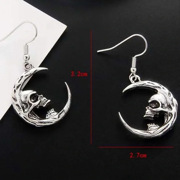 Silver Angry Crescent Moon Drop Earrings - Picture 4 of 5